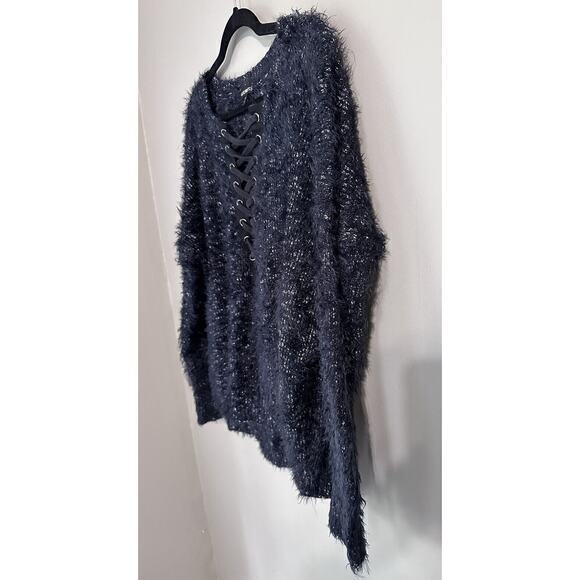 Express Blue Marl Eyelash Lace Up Neck Large Long Sleeve Sweater Super Soft - Picture 2 of 10